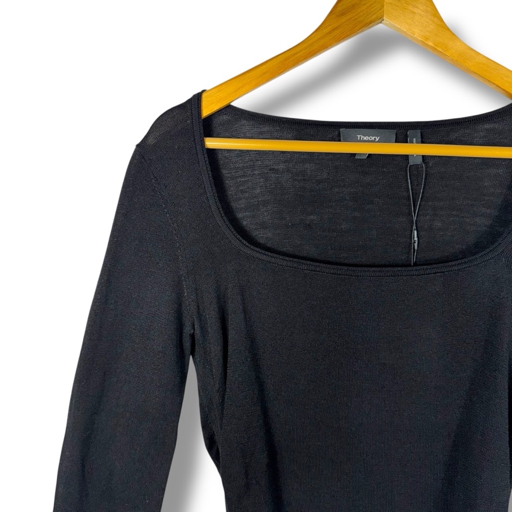 Theory Open Neck Shirred Wool Blend Sweater, Black, Size Medium - Picture 4 of 13
